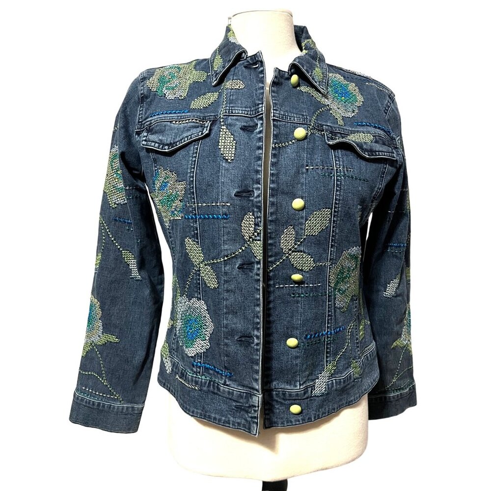 Ann Trinity Embroidered Denim Jacket Sz Small Womens Floral Blue & Green Sequin